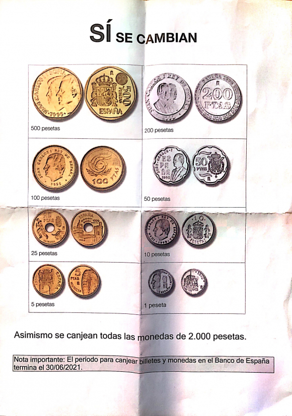 Tipos de pesetas aceptadas para su intercambio por euros.