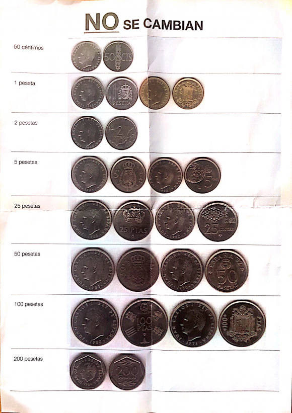 Tipos de pesetas no aceptadas para su intercambio por euros.