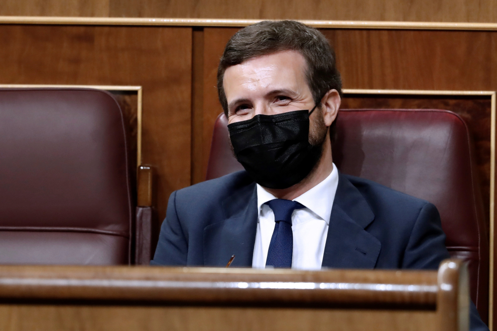 El líder del PP, Pablo Casado, durante el debate de la moción de censura presentada por Vox contra el gobierno de coalición, este miércoles en el Congreso de los Diputados. EFE/Mariscal