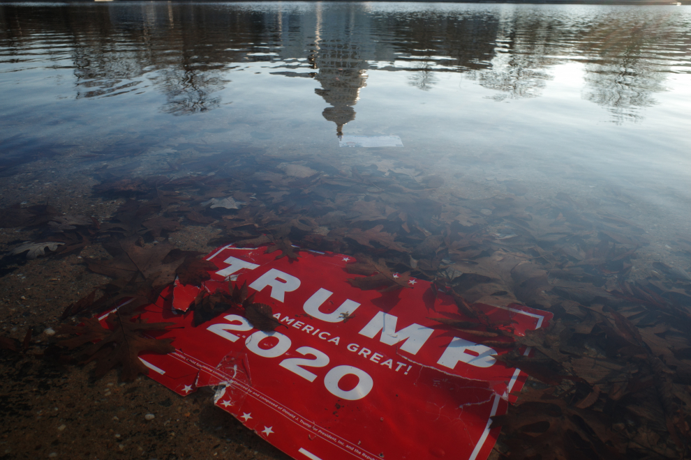 un cartel de 'Trump 2020' utilizado durante la protesta se sumerge bajo la cúpula del Capitolio de los Estados Unidos.