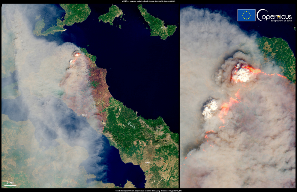 Imagen de los satélites Copernicus Sentinel-2 el 8 de agosto de 2021, muestra el incendio forestal en curso en la isla de Evia en el este de Grecia.
