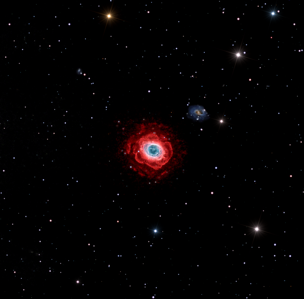 Imágenes muy profundas de Messier 57 tomadas con telescopios profesionales en el infrarrojo cercano muestran su débil halo como una colección de pétalos. Las imágenes de aficionados profundas muestran esta estructura solo parcialmente. Esta imagen fue tomada con filtros de hidrógeno (rojo) y oxígeno (verde y azul), pero también agregando nitrógeno (rojo intenso). Mayhill, Nuevo México, EE. UU., 10 a 18 de abril, 5 a 31 de mayo y 1 a 11 de junio de 2020
