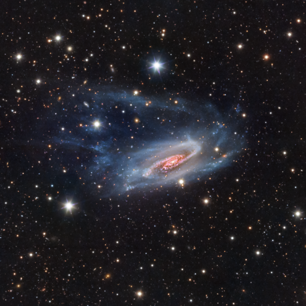 Esta es una imagen de NGC 3981. Es una galaxia espiral a unos 65 millones de años luz de distancia en la constelación del cráter. Su aspecto azotado por el viento se debe a que sus brazos exteriores han sido despojados por la interacción con otra galaxia. La galaxia es parte del grupo NGC 4038, que también contiene las conocidas galaxias Antennae que interactúan. Telescope Live, Observatorio El Sauce, Río Hurtado, Región de Coquimbo, Chile, 24 de febrero de 2021