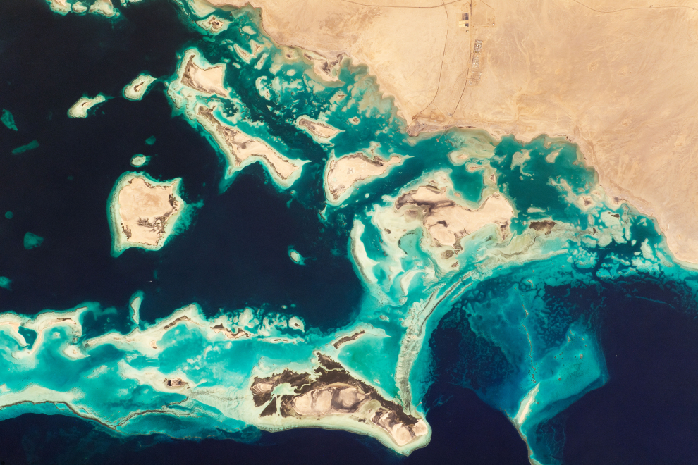Mirando hacia abajo desde la Estación Espacial Internacional, un astronauta capturó esta vista de la costa noroeste de Arabia Saudita, donde prosperan hasta 260 especies de arrecifes de coral . Las aguas saladas y cálidas de la costa de la Península Arábiga crean un entorno óptimo para que crezcan los arrecifes de coral, principalmente en lagunas poco profundas donde la costa se encuentra con el Mar Rojo. Tomada el 26 de noviembre de 2020