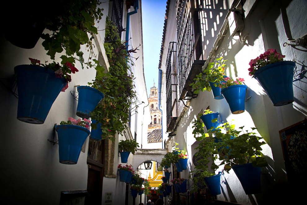 Balcones enrejados repletos de flores recorren esta estrecha y sinuosa calle en pleno barrio de la Judería. Desde la pequeña plaza donde desemboca la calleja de las Flores disfrutaremos de una de las más bellas vistas de la torre de la Mezquita-Catedral.