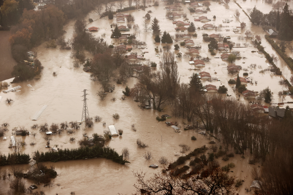 Vista aérea de las inundaciones ocasionadas por el desbordamiento río Arga a su paso por Huarte, Villava y Burlada en Navarra.