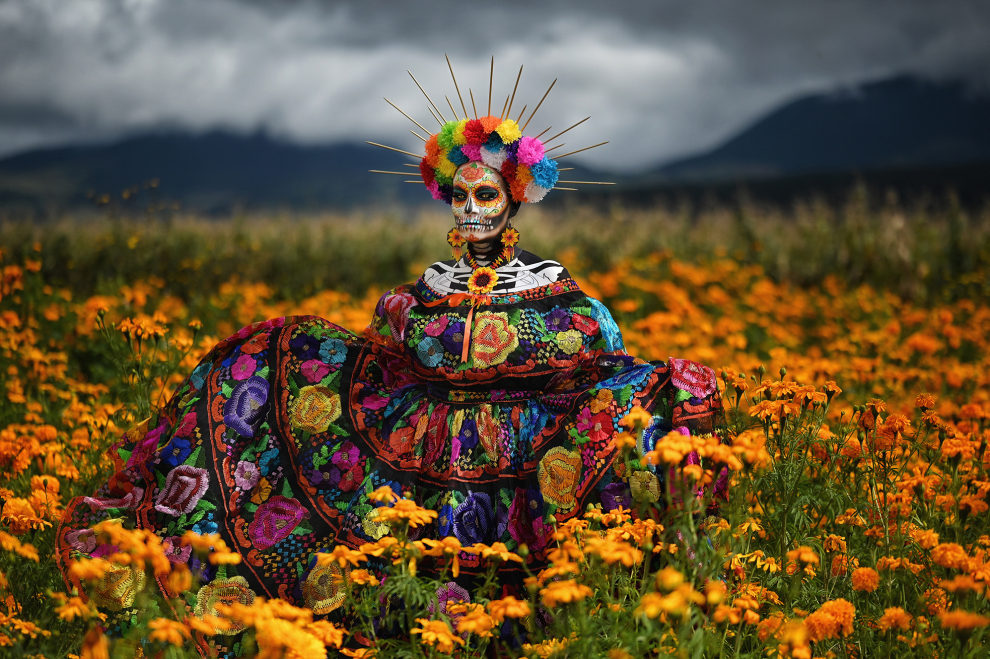 Catrina mexicana, icono del Día de los Muertos, con un traje típico mexicano del estado de Chiapas. Está de pie en un campo de caléndula mexicana, o Cempasúchil, una flor tradicionalmente utilizada para las celebraciones del Día de Muertos mexicano. Cada año, mi esposa se pone un traje de Catrina diferente para celebrar nuestra tradición.