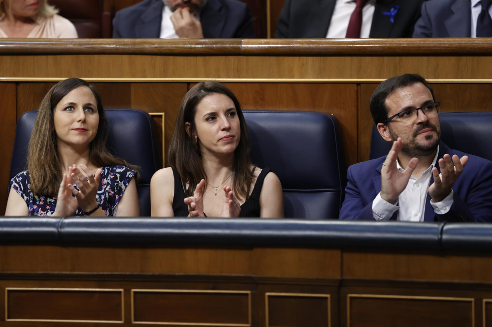 Los ministros de Derechos Sociales, Ione Belarra (i); Igualdad, Irene Montero y de Consumo, Alberto Garzón.