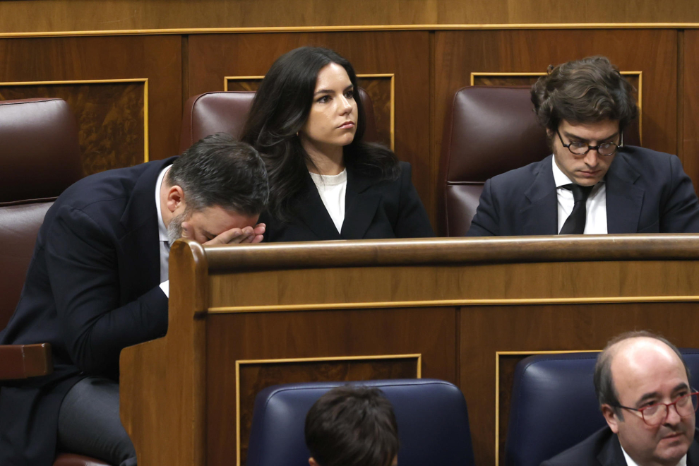 El líder de Vox, Santiago Abascal, en el Congreso, donde el secretario general del PSOE y presidente del Gobierno en funciones, Pedro Sánchez,