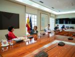 El presidente del Gobierno, Pedro Sánchez, durante una nueva reunión con sus ministros antes de la videoconferencia con las CCAA