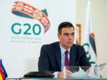 El presidente del Gobierno, Pedro Sánchez, durante su intervención en la cumbre virtual del G20