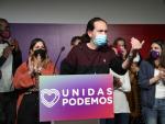 El líder de Unidas Podemos y candidato a la presidencia de la Comunidad de Madrid, Pablo Iglesias, comparece ante los medios el martes en la sede del partido, en Madrid, tras conocer los resultados de las elecciones autonómicas