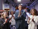 Nadia Calviño, Pedro Sánchez y María Jesús Montero en el acto de presentación del programa electoral del PSOE