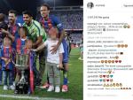 Los jugadores del Barça celebran el éxito en la Copa del Rey de la mano de sus pequeños