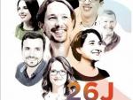 26J- El cartel de Unidos Podemos mezcla rostros de Podemos con referentes de las coaliciones como Garzón, Colau y Oltra
