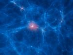 Imagen que recrea la distribución de la red cósmica en el momento en el que nace una galaxia, en rojo en el centro. (IAC)
