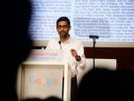 Imagen de Sundar Pichai, director ejecutivo de Google, durante una conferencia en el MWC de Barcelona (Eric Piermont/AFP)