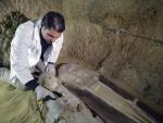 Un arqueólogo egipcio trabaja en un sarcófago en una d elas tumbas halladas en la meseta de Guiza./ EFE/EPA/KHALED ELFIQI
