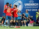 Los jugadores de España celebran el primer gol en la final ante Alemania en Udine. /EFE