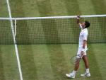 Novak Djokovic levanta el brazo al cielo tras vencer en la final de Wimbledon a Roger Federer. /EFE
