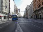 Imagen de la Gran Vía de Madrid vacía por el coronavirus y el estado de alarma
