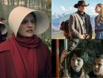 Collage de tres series de tres plataformas distintas: 'El cuento de la criada' (Hulu), 'Westworld' (HBO) y 'Stranger Things' (Netflix)
