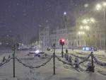 El Ayuntamiento de Madrid y la fuente de Cibeles, cubiertos de nieve por la borrasca Filomena