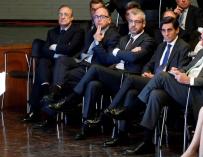 Los presidentes de ACS, Florentino Pérez; Iberia, Luis Gallego; Aena, Maurici Lucena; Telefónica, José María Álvarez-Pallete, e Iberdrola, Ignacio Sánchez Galán