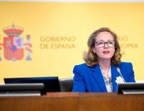 La ministra de Asuntos Económicos, Nadia Calviño, en una rueda de prensa en el Ministerio.