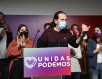 El líder de Unidas Podemos y candidato a la presidencia de la Comunidad de Madrid, Pablo Iglesias, comparece ante los medios este martes en la sede del partido, en Madrid, tras conocer los resultados de las elecciones autonómicas