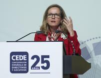 La Vicepresidenta primera del Gobierno de España, Nadia Calviño, durante la clausura del Congreso Directivos CEDE.