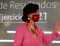 La presidenta del Banco Santander, Ana Botín, anuncia los resultados de la entidad en su sede en la Ciudad Financiera. 02/02/2022