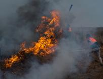 Efectivos de Protección Civil realizan labores de extinción en el incendio forestal de Cualedro.