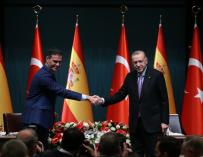 El presidente turco, Recep Tayyip Erdogan (d), y el primer ministro español, Pedro Sánchez (izq.), Posan para los medios de comunicación tras una rueda de prensa tras su reunión en el Palacio Presidencial de Ankara, Turquía.