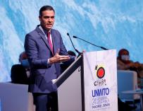 The President of the Government, Pedro Sánchez, speaks at the 24th General Assembly of the World Tourism Organization, this Thursday, in Madrid.