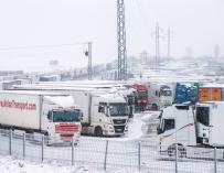 Varios camiones cubiertos de nieve, a 28 de noviembre de 2021, en Burgos.