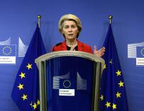 European Commission President Ursula von der Leyen delivers a statement on Ukraine at the EU headquarters in Brussels.01/24/2022