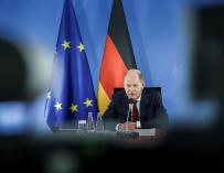El canciller alemán Olaf Scholz habla durante una videoconferencia con aliados cercanos en respuesta a la situación en Ucrania y sus alrededores, en Berlín, Alemania, el 24 de enero de 2022