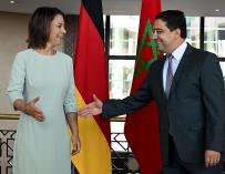 25 August 2022, Morocco, Rabat: German Foreign Minister Annalena Baerbock (L) meets Moroccan Foreign Minister Nasser Bourita. Baerbock wants to put relations with Morocco on a new footing after months of a diplomatic crisis. Photo: Britta Pedersen/dpa 25/8/2022 ONLY FOR USE IN SPAIN