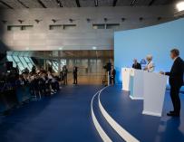 Lagarde y Guindos, durante la conferencia de prensa.