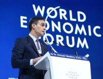 El presidente del Gobierno, Pedro Sánchez durante su intervención en el Foro Económico Mundial, en Davos (Suiza)