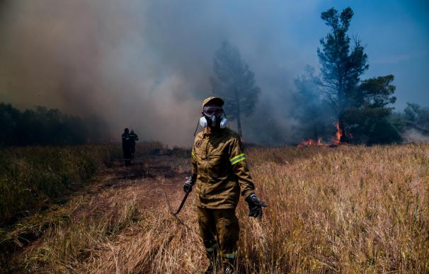 Un bombero trabaja para extinguir los incendios en Alepochori, Grecia.