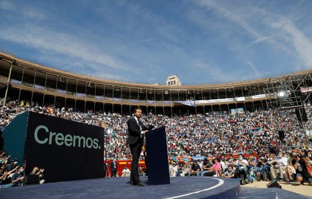 El presidente del PP, Pablo Casado, durante su intervención en la Plaza de Toros de Valencia donde el partido cierra su Convención Nacional.