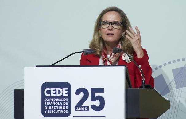 La Vicepresidenta primera del Gobierno de España, Nadia Calviño, durante la clausura del Congreso Directivos CEDE.