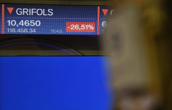 Un panel de la Bolsa de Madrid con el crash de las acciones de Grifols.