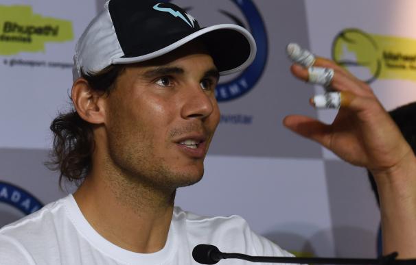 Spanish tennis player Rafael Nadal speaks during a