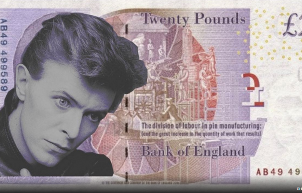 Cara de David Bowie en un billete de 20 libras