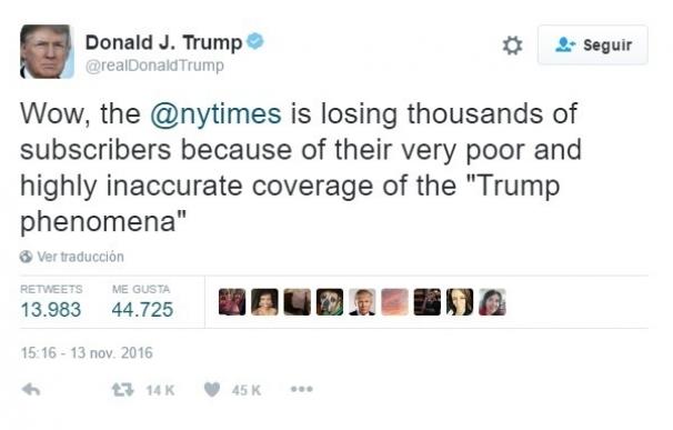 Trump ataca al 'New York Times' por distorsionar su imagen durante la cobertura de la elecciones
