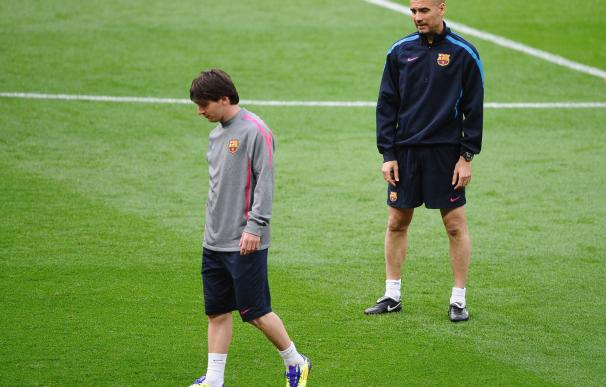 Messi y Guardiola en un entrenamiento del Barcelona.