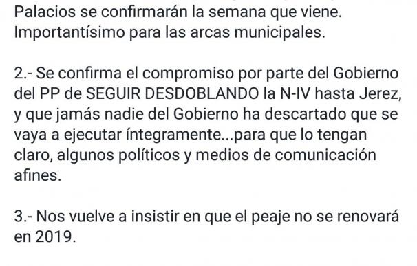 El alcalde de Los Palacios pide a Sanz y a Fomento que "confirme directamente" el "notición" de la N-IV